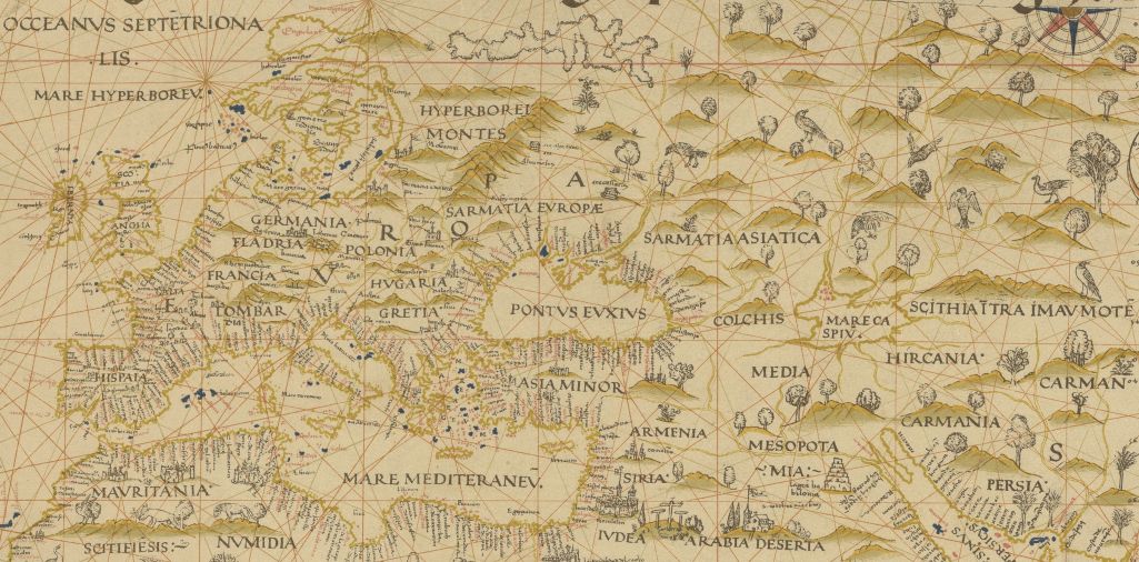 Фрагмент іспанскай мапы «Propoganda» 1529 года, дзе на месцы Масковіі нічога няма, а Украіна названая Сарматыяй Еўрапейскай. Скан: Bnf.fr