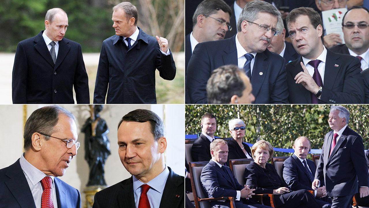 Władimir Putin, Donald Tusk, Bronisław Komorowski, Dmitrij Miedwiediew (fot. arch.PAP/ITAR-TASS (2), arch.PAP/P.Supernak, A.Warżawa)