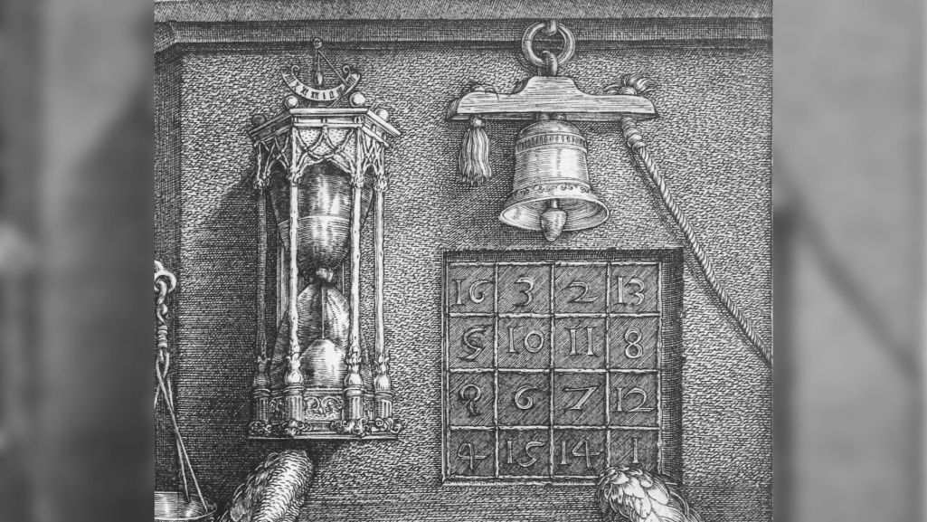 Fragment z kwadratem, klepsydrą, zegarem i dzwoneczkiem (fot. wikimedia/ domena publiczna)