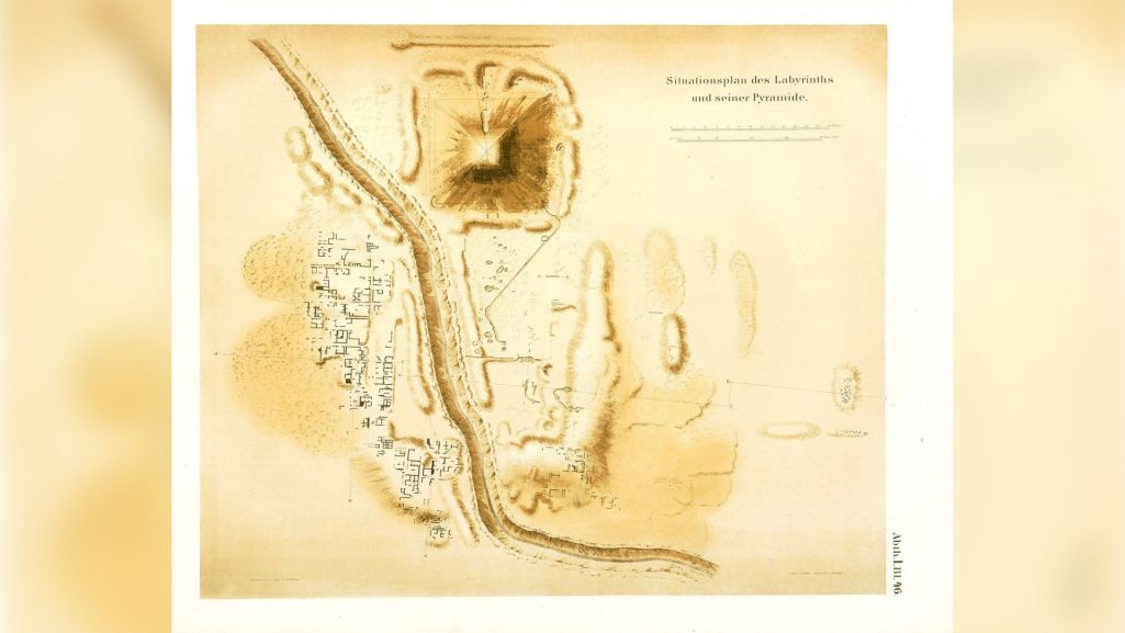 Ten wykonany w XIX w. rysunek pokazuje prawdopodobne położenie labiryntu w Hawarze (fot. wikimedia/ domena publiczna)