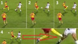 Sekwencja zdarzeń i w efekcie brutalny atak Bartlomieja Ciepieli, który zasłużył na czerwoną kartkę, ale zobaczył tylko żółtą... (kadry: TVPSPORT.PL)