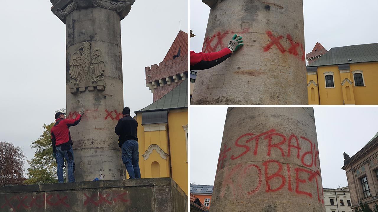 Pomnik zdewastowano w trakcie protestów (fot. Facebook/Kibice Lecha Poznań)