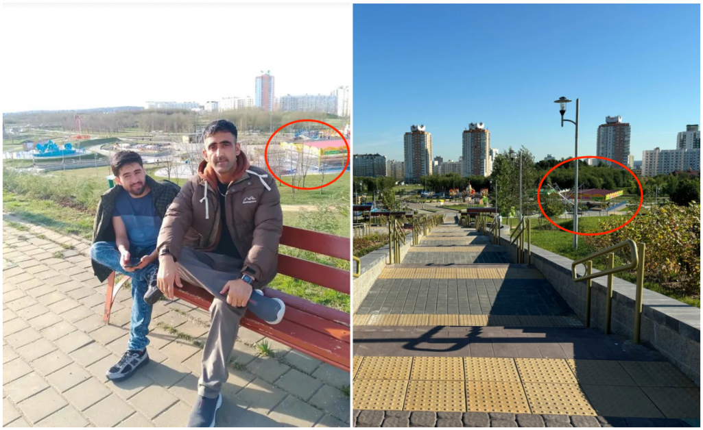 Фота з TikTok-акаўнту, дзе публікавалася відэа, на якім бачна, што група мужчынаў курыць кальян у лесе, і фота парку Уга Чавэса на Каменнай Горцы з Яндэкс-мапы.