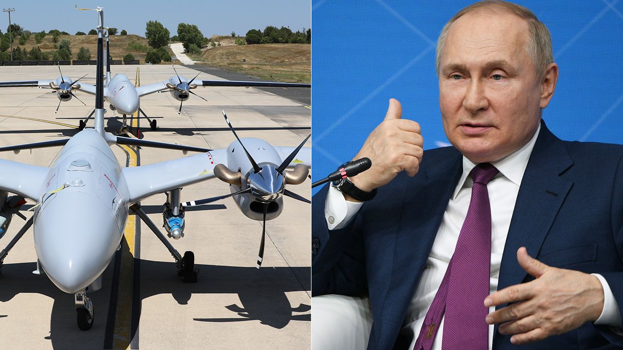 Drony Bayraktar; Władimir Putin (fot. BAYKAR/Handout/Anadolu/Getty PAP/EPA/ALEXEY MAISHEV/KREMLIN POOL/SPUTNIK POOL) Drony Bayraktar; Władimir Putin (fot. BAYKAR/Handout/Anadolu/Getty PAP/EPA/ALEXEY MAISHEV/KREMLIN POOL/SPUTNIK POOL)
