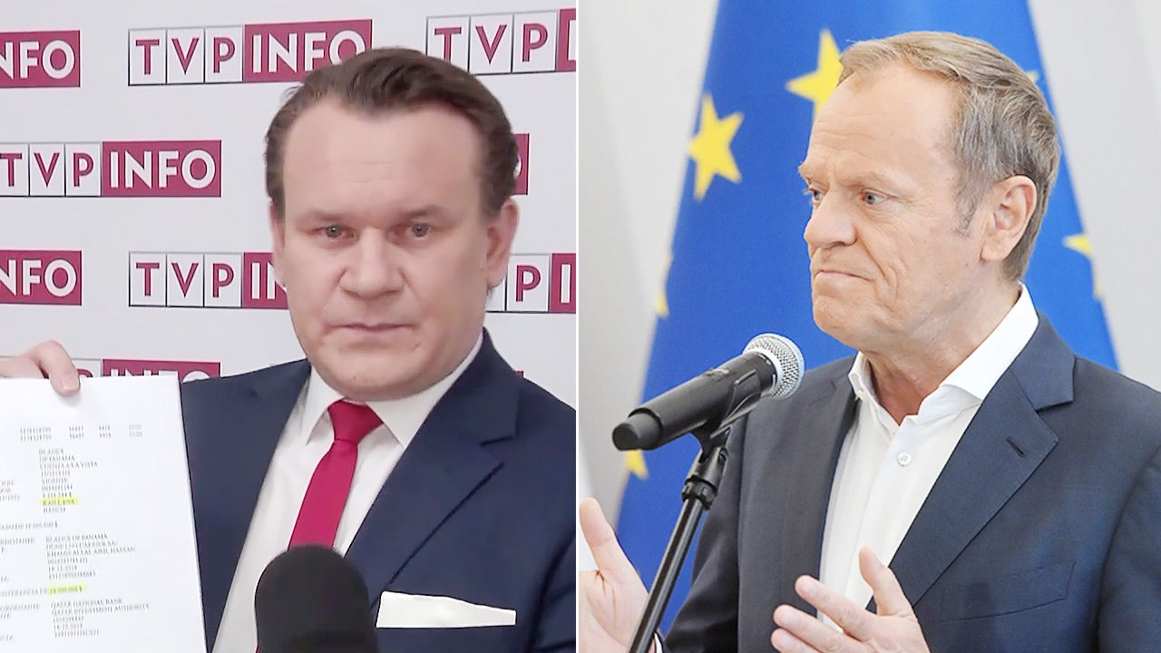 Eurodeputowany Dominik Tarczyński i lider PO, Donald Tusk (fot. TVP Info; PAP/Radek Pietruszka)
