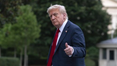 Президент США Дональд Трамп показывает журналистам большой палец вверх, прогуливаясь по Южной лужайке по прибытии в Белый дом. Вашингтон, США. 13 июля 2025 года