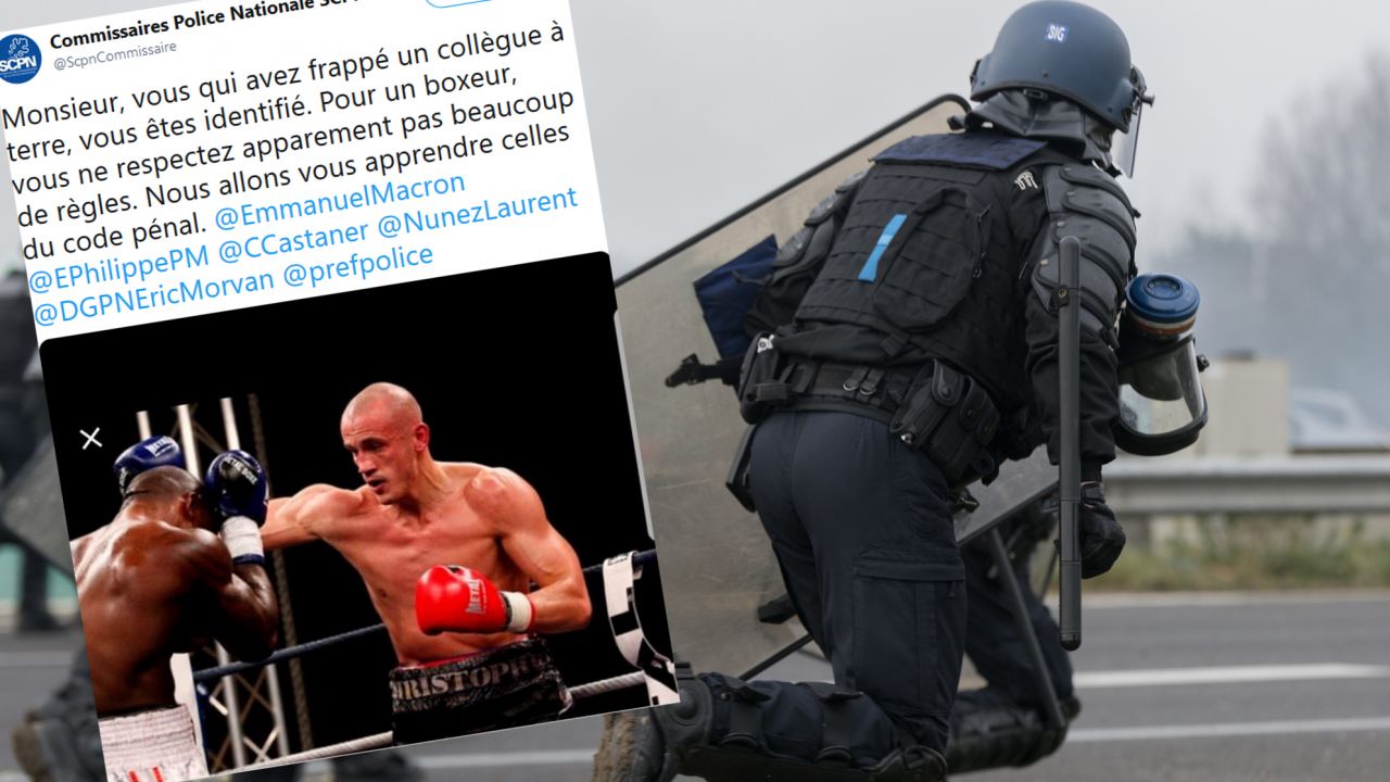 Na Twitterze francuskiej policji pojawił się wpis, skierowany do napastnika (fot. Estelle Ruiz/NurPhoto via Getty Images/twitter.com/ScpnCommissaire)