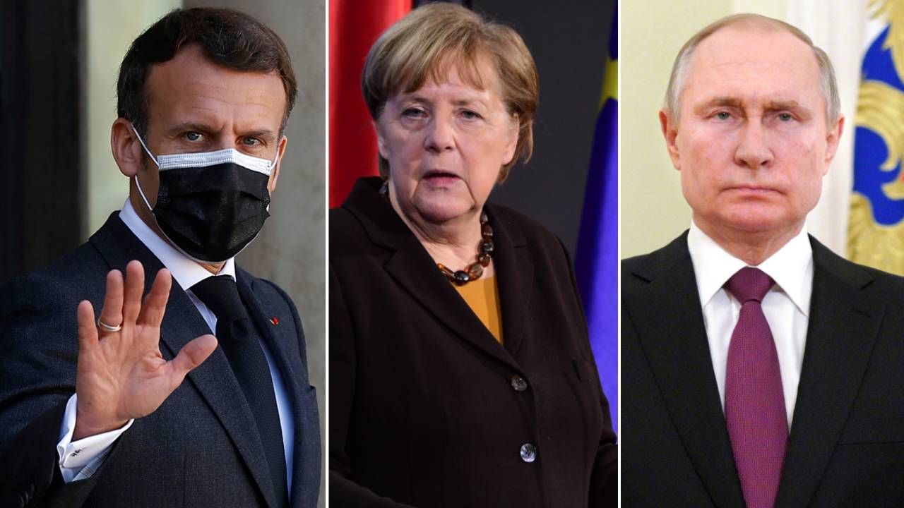 Emmanuel Macron, Angela Merkel i Władimir Putin (fot. PAP/EPA/CLEMENS BILAN / POOL/IAN LANGSDON/MIKHAIL KLIMENTYEV / SPUTNIK / KREMLIN POOL)