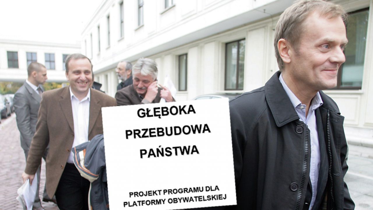 PO przedstawiła program przed wyborami w 2007  roku (od lewej: Grzegorz Schetyna, Mirosław Drzewiecki i Donald Tusk; fot. arch.PAP/Paweł Kula)
