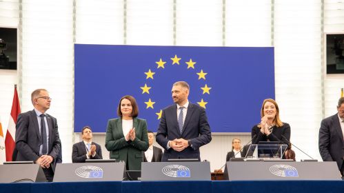 Святлана і Сяргей Ціханоўскія ў Еўрапарламенце. Страсбур, 22 кастрычніка 2025 года