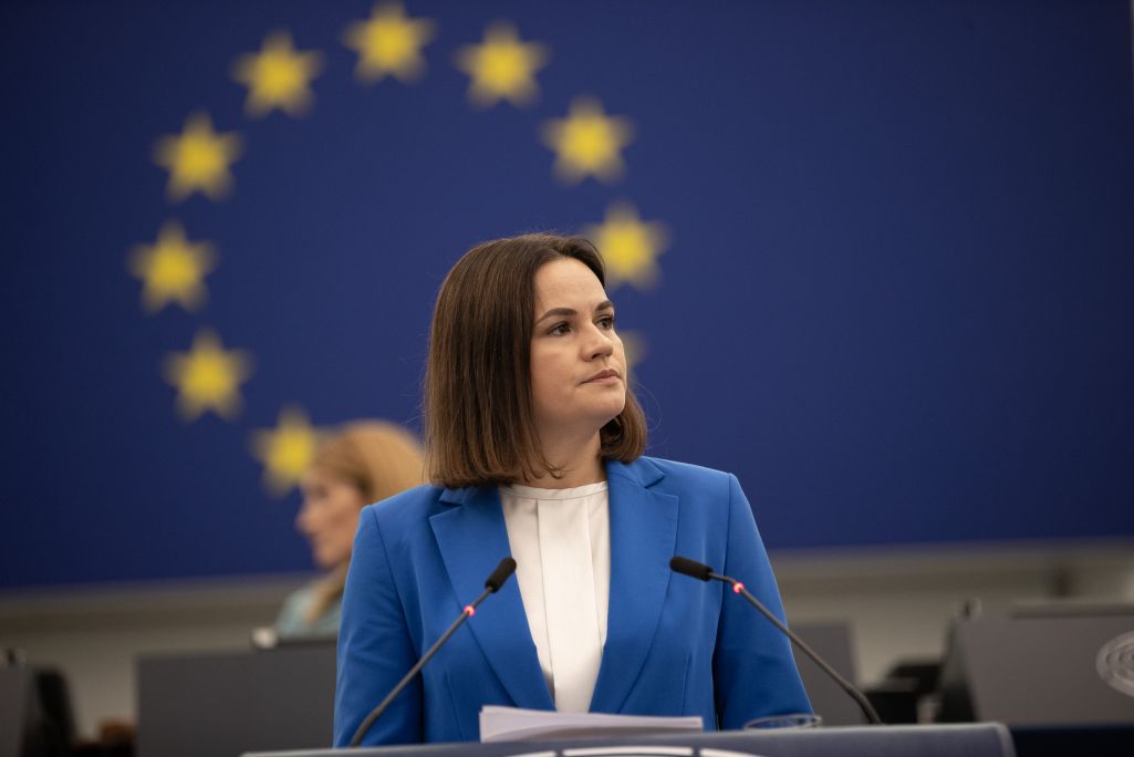 Святлана Ціханоўская падчас выступу ў Еўрапейскім парламенце. 13 верасня 2023 года. (Фота: Офіс Святланы Ціханоўскай)