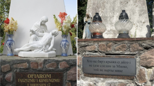 A Polish plaque on a cross in front of a church in the village of Wojstom in the historic Vilnius region has been covered with a quote from the Holy Bible. Photo: Katolik.Life