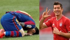 Leo Messi (L) i Robert Lewandowski (fot. PAP/EPA)