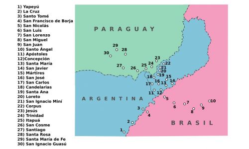 W 1609 roku Hiszpania nadała jezuitom ziemie, na których zakon założył 30 redukcji misyjnych: 8 na terenie obecnego Paragwaju, 13 w Argentynie i 7 w Brazylii. Fot. Reducciones.PNG: Loco085derivative work: rowanwindwhistler (dyskusja) - CC BY-SA 4.0, Wikipedia