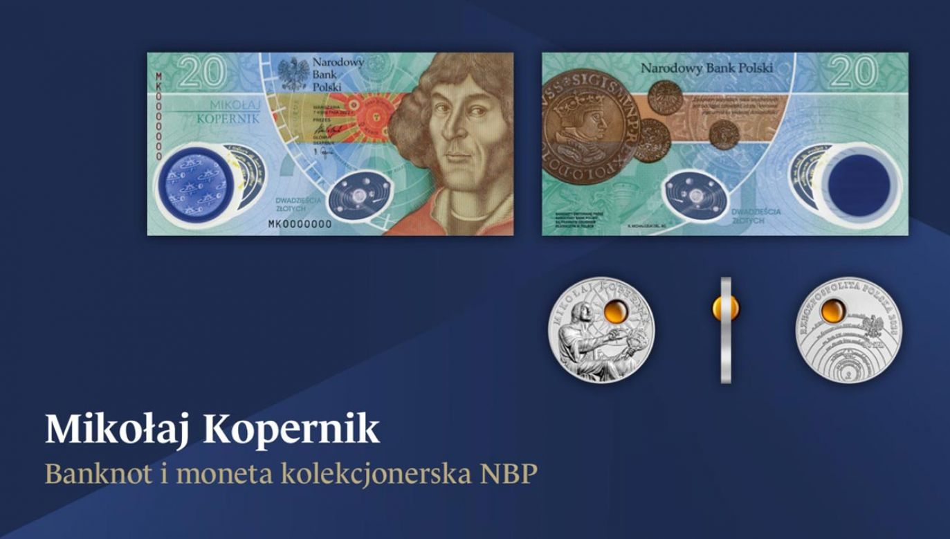 Mikołaj Kopernik na banknocie kolekcjonerskim NBP oraz srebrnej monecie (fot. NBP)