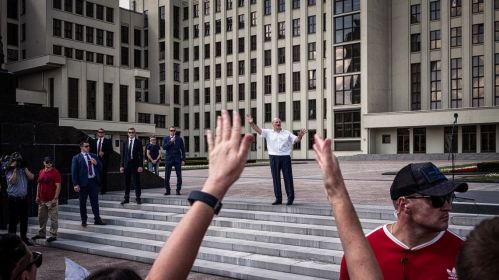A rally in support of Alyaksandr Lukashenka after the presidential elections rigged by his regime. One step below the dictator stands his youngest son Mikhail, who was 16 at the time. Independence Square, Minsk, Belarus. August 16, 2020. Photo: Misha Friedman / Getty Images